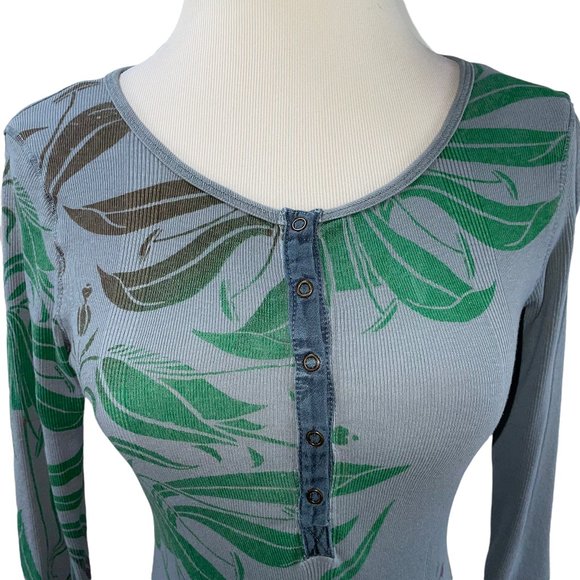 Anthropologie Language Blue Print Henley Long Cotton 3/4 Sleeve Knit Top T-shirt - Picture 7 of 10